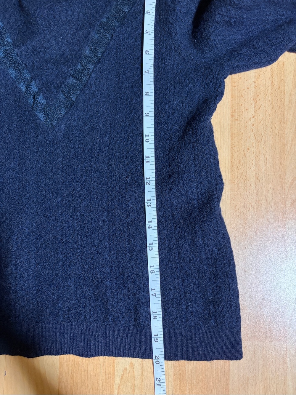 Sezane Anneli Sweater 100% Merino Wool Navy Lace-Inset Mockneck Pointelle Knit M - Picture 13 of 13
